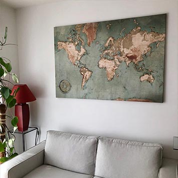 World map canvas in a living room